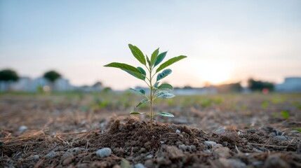 Poster - A small green sprout breaks through dry soil, illuminated by bright light, symbolizing hope and potential for financial success in challenging conditions