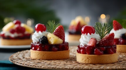 Aufkleber - Close-up view of a dessert table showcasing mini lemon tarts decorated with vibrant tropical fruit slices