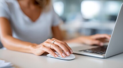 Aufkleber - A woman gracefully clicks a sleek wireless mouse while working on a laptop at a clean, modern desk. Soft natural light enhances the minimalist workspace