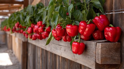 Aufkleber - Bright red bell peppers grow on the vine in a rustic farm environment, showcasing their freshness and vibrancy, perfect for culinary promotions