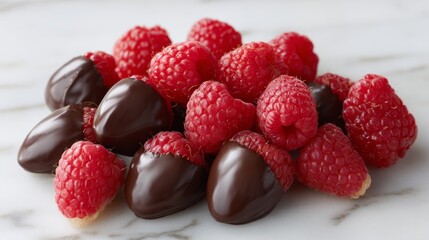 Poster - Close-up view of fresh raspberries coated in rich dark chocolate on a sleek marble backdrop, perfect for a romantic dessert setting