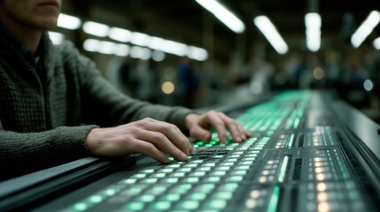 Poster - Technician's hands navigate intricate circuitry inside an advanced device, illuminated by vibrant neon lights in a modern tech workshop