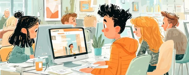 Poster - Group of coworkers collaborating in modern office space with creative design