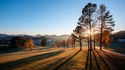 Aufkleber - Morning light breaks through mist, casting a warm golden hue over a serene field. Soft outlines of distant hills create a tranquil backdrop for the scene