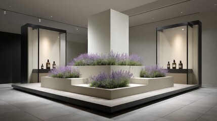 Aufkleber - A stylish presentation features a product display podium surrounded by lavender flowers, enhanced by a soft, creamy white background, ideal for spring promotions