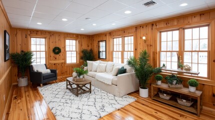 Poster - A chic living room features a cream couch and charcoal armchair set against warm wooden paneling, highlighted by sunlight streaming through large windows