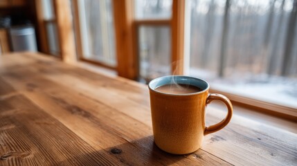 Poster - A steaming mug of hot chocolate rests on a rustic wooden table as golden morning light filters through a window, inviting a warm and cozy breakfast moment