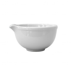 Poster - A simple and elegant white ceramic mixing bowl with a convenient pou spout is centered on a clean white background, showcasing its smooth curves and form.