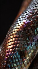 Poster - Colorful scales of a snake glisten under light in a dark environment showcasing vibrant hues and intricate patterns