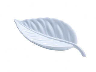 Poster - A decorative white ceramic leaf shaped dish sits isolated on a stark white background, highlighting its elegant contours and smooth, glazed surface texture design.