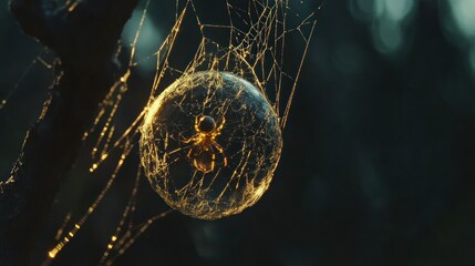 Golden Hour Captures Spider Ensnared in a Dew-Kissed, Orb-Shaped Web