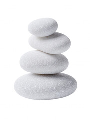 Poster - Four smooth white stones are carefully stacked in a balanced zen-like tower against a clean white background, creating a peaceful and minimalist composition.