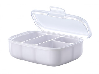 Poster - An open white plastic container with four compartments and a clear lid is displayed against a plain background, showcasing its organized storage capabilities perfectly.