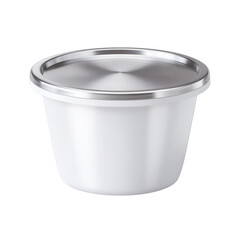 Poster - A clean white enamel pot with a brushed metal lid sits isolated on a white background, showcasing minimalist design and functional kitchenware aesthetics perfectly.