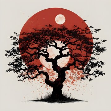 A high-quality manga-style illustration with no background, Old dark tree in black with dense leaves, in the background a red sun in Chinese style. The design is isolated,Generative Ai

