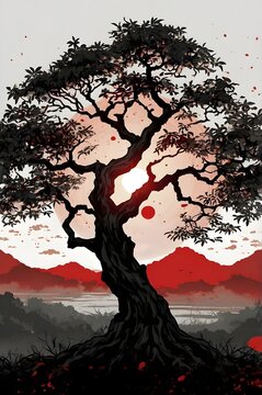 A high-quality manga-style illustration with no background, Old dark tree in black with dense leaves, in the background a red sun in Chinese style. The design is isolated,Generative Ai
