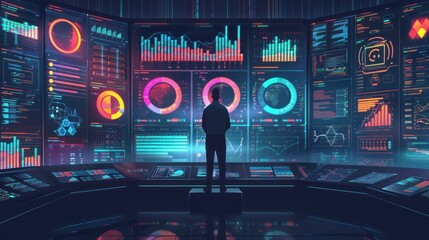 Man Observing Data on a Wall of Screens