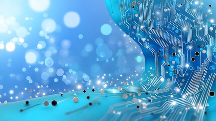 Poster - Abstract circuit board design. Blurry turquoise background with glowing circuit traces