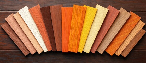 Poster - Wide selection of colorful wooden sample planks arranged in a fan shape on a dark wooden table showcasing natural wood tones and finishes