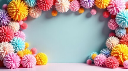 Wall Mural - pastel pom-poms frame a light blue background, perfect for festive announcements or delightful greet