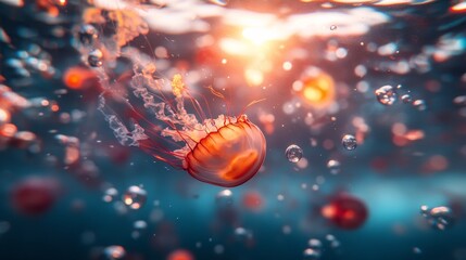 Leinwandbilder - Brightly colored fish navigate gracefully around a luminous jellyfish in a mesmerizing underwater environment, enhanced by sunlight filtering through the water
