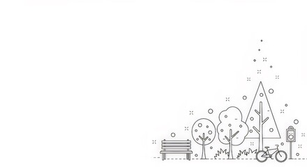 Poster - 白の背景にミニマルドットスタイルでベンチの木自転車と穏やかな公園のイラストデザイン