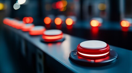 Futuristic control panel displays an array of glowing red and white buttons, showcasing the advanced design and technology in a modern setting