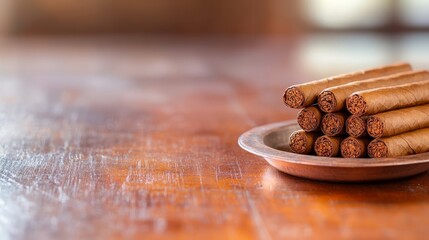 Poster - A vintage ashtray sits near a stack of finely rolled cigars on a polished mahogany table, with soft light enhancing the warm tones and rich textures