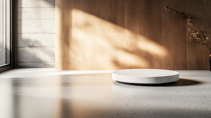 Fototapete - Circular white terrazzo podium stands in a bright, minimalist environment with soft natural lighting, creating an elegant display setting for showcasing products