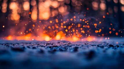 Aufkleber - Glowing embers fall softly onto fresh snow, creating steam where warmth meets cold, while a dark forest softly blurs in the background of twilight