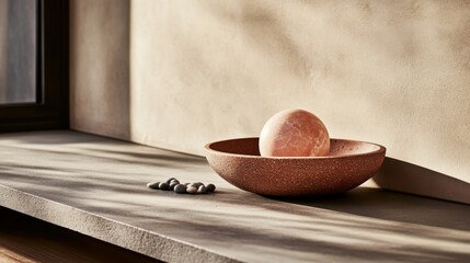 Poster - Close-up of a sculptural stone vessel featuring an organic form, elegantly holding a polished marble orb amidst small pebbles against a neutral backdrop
