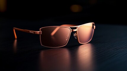 Poster - Close-up of stylish sunglasses on a glossy black surface, illuminated by warm golden light that enhances their sleek design and elegance