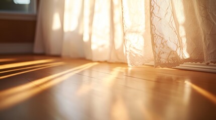 Poster - Intricate lace curtains softly filter sunlight, casting delicate shadows on a warm wooden floor, enhancing the tranquil and nostalgic feel of the cozy room