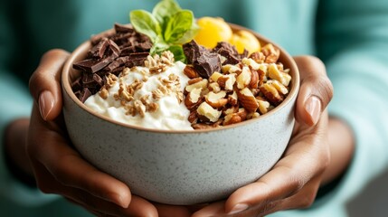 Poster - A joyful woman holds a nutritious breakfast bowl brimming with creamy yogurt, crunchy nuts, fruit, and chocolate, illuminated by soft morning light