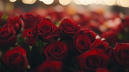 Leinwandbilder - Close-up view of a bouquet filled with vibrant red roses, delicately showing their velvety petals in soft light, creating a romantic and dreamy atmosphere