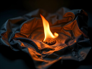 Poster - Intense Flame Dancing Atop a Crumpled Sheet, An Evocative Study of Contrasting Textures and Light Play, Creating an Engaging and Dramatic Visual Experience