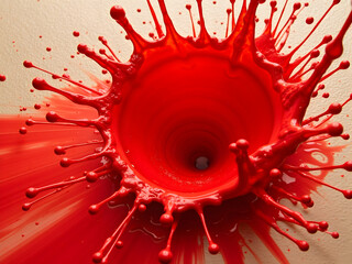 Poster - Intense crimson paint explosion captured in a dramatic close up shot showcasing dynamic movement and abstract beauty of liquid textures and swirling forms