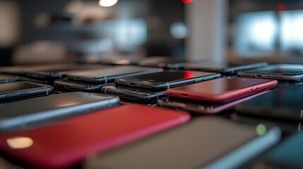 Poster - Close-up shot captures a diverse collection of smartphones stacked haphazardly, reflecting ambient light and highlighting technological progress in design and function