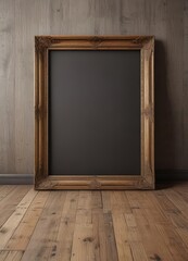 Poster - Empty picture frame on rustic wooden floor, perfect for design presentation ,  product placement,  photography,  top view