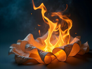 Poster - Intricate interplay of delicate paper strips and vibrant flames, creating a captivating art piece with curled whimsical shapes and ethereal glow, a dance of elements