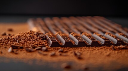 Poster - Dark chocolate bar with deep ridges sits on a cocoa-dusted surface, enhanced by soft lighting and scattered chocolate flakes and cocoa nibs for an artisanal touch