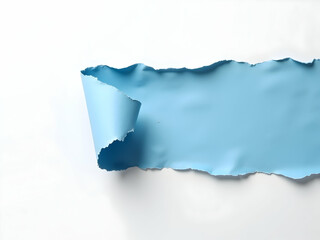 Poster - Intriguing close up of a glossy, torn blue paper edge with a curled corner creating a captivating textural contrast against a clean white surface