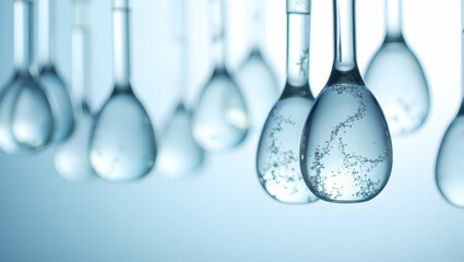 Poster - Intriguing cluster of transparent glass lab droppers suspended in a light blue liquid, evokes a sense of scientific precision and ethereal beauty, perfect for backgrounds