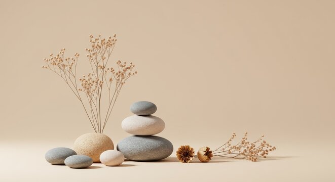 3D Render Abstract Minimalist Beige Scene With Stone And Gold Plants