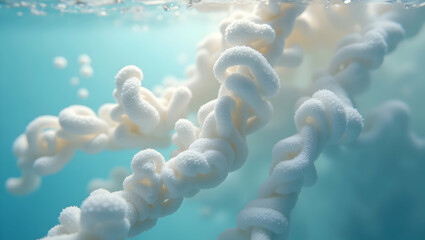 Poster - Macro View of Abstract White Foam Structures against a Soft Blue Gradient, Evoking a Dreamlike Underwater Scene with Delicate Textures and Subtle Light Play