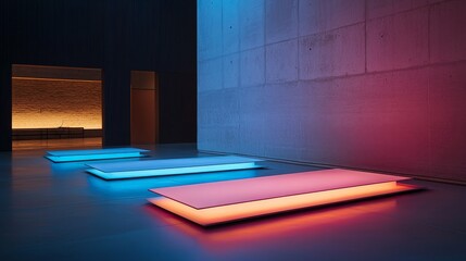 Poster - Minimalist creative workspace showcases geometric sculptures under vibrant blue and pink LED lights, creating a unique atmosphere with dramatic shadows on concrete walls