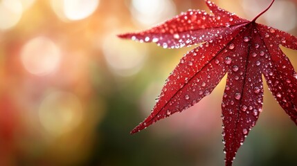 Poster - A close-up view of a crimson maple leaf adorned with droplets of morning dew, illuminated by sunlight, set against a softly blurred forest backdrop
