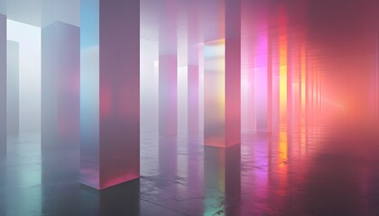 Aufkleber - Abstract Futuristic Hallway with Glowing Pillars and Reflections