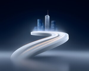 Poster - a futuristic cityscape with roads twisting and folding in on themselves like ribbons, vehicles seaml