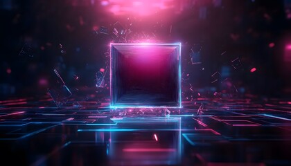 Aufkleber - Abstract Cube with Pink and Blue Neon Lights, Technology Concept, Digital Background